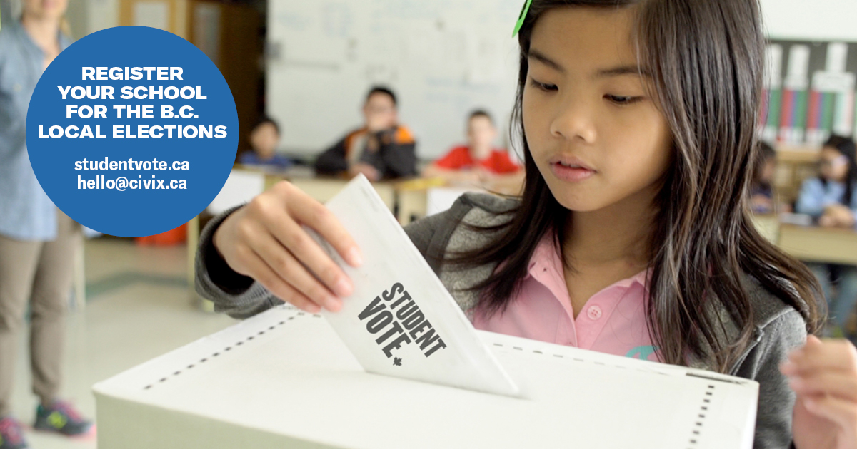 CIVIX_Canada's tweet image. 📣British Columbia teachers:

Join over 500 schools in @studentvote for the October local elections! 🗳

📝Register to receive free learning resources and voting materials👉studentvote.ca

#bced #bclocal