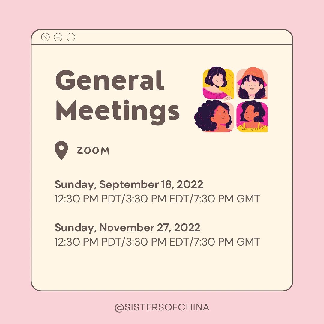 sistersofchina's tweet photo. ✨ Here are the meeting dates for 2022 ✨ 

🗓 You can go to our link in our bio and you can subscribe to the Google calendar 🗓 

We are so excited to see everyone at our meetings and book club meetings! https://t.co/iQgv8AtG7h