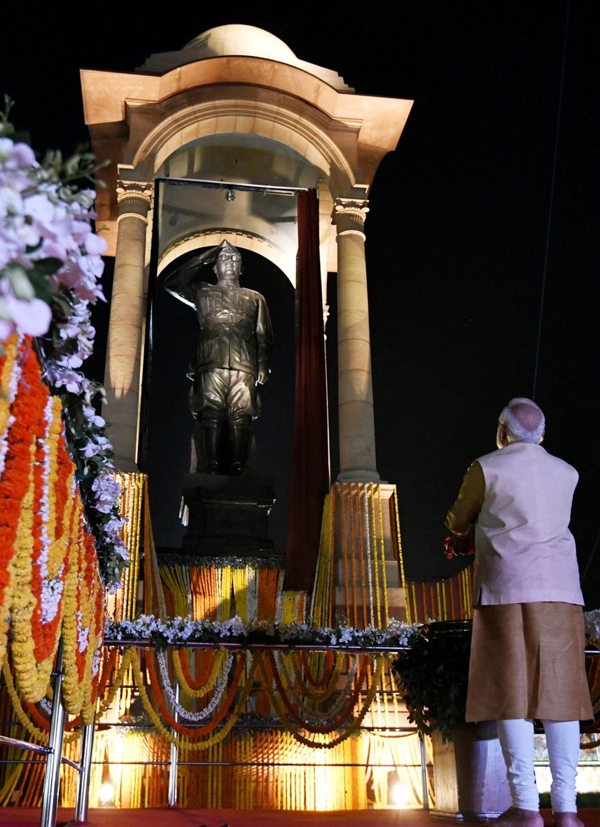 Visuals of PM @narendramodi unveiling the 28 feet tall statue of #NetajiSubhashC... - Kannada News