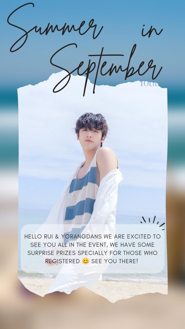 🎐Summer in September 🎐

🎉 Reminder to all attendees ☺️

don’t forget to register for the event, kindly click the link below for registration 👇🏻

docs.google.com/forms/d/e/1FAI…

🎐See you soon!

#SummerInSeptember #Happy_Yohan_Day #KIMYOHAN #김요한 #WEi