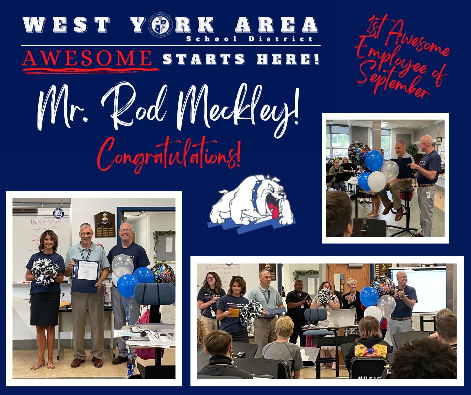 Congratulations to Mr. Rod Meckley, High School Music Teacher and Band Director!  Mr. Meckley was surprised this morning as he was acknowledged as one of our Awesome Employees for September!   Thanks for being so AWESOME Mr. Meckley!
#wyproud #awesomestartshere #wyasd