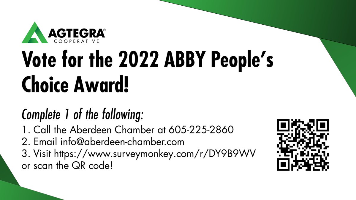 agtegra's tweet photo. Voting is open!

Cast your vote by completing one of the following:
🖥 Go to https://t.co/um7DQugzRy
📞Call the Chamber at 605-225-2860
📧 Email info@aberdeen-chamber.com

Voting closes on Friday, September 9 at 5 PM. https://t.co/upFtNWHaAd