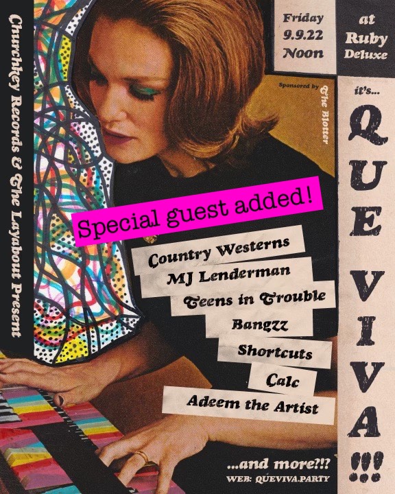 Churchkey Records (@churchkeyrecs) on Twitter photo Updates for #queviva tomorrow at <a href="/RubyDRaleigh/">Ruby Deluxe</a>:
12:15 (out) @AdeemTheArtist
1:15 (out) Calc
1:45 (in) Shortcuts
2:30 (out) <a href="/BANGZZBAND/">BANGZZBAND</a>
3:15 (in) <a href="/teensintrouble/">Teens in Trouble</a>
4:00 (out) <a href="/MarkJLenderman/">MJ Lenderman</a>
5:00 (out) <a href="/CountryWesterns/">Country Westerns</a>
6:00 (out) Special Guest!!
See you out there! Updates for #queviva tomorrow at <a href="/RubyDRaleigh/">Ruby Deluxe</a>:
12:15 (out) @AdeemTheArtist
1:15 (out) Calc
1:45 (in) Shortcuts
2:30 (out) <a href="/BANGZZBAND/">BANGZZBAND</a>
3:15 (in) <a href="/teensintrouble/">Teens in Trouble</a>
4:00 (out) <a href="/MarkJLenderman/">MJ Lenderman</a>
5:00 (out) <a href="/CountryWesterns/">Country Westerns</a>
6:00 (out) Special Guest!!
See you out there!
