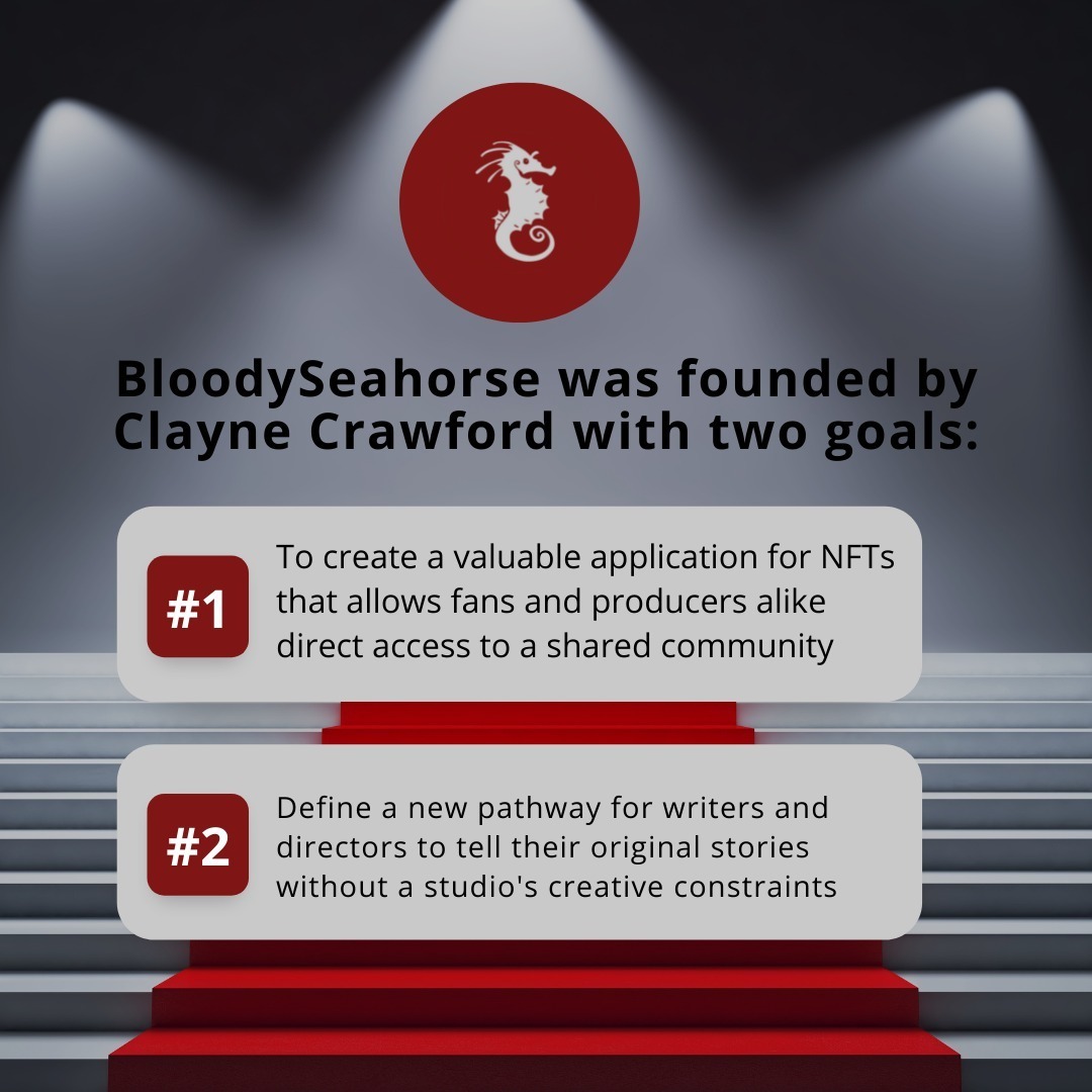 NFT`s allow us to support independent filmmakers by connecting artist and community through blockchain technology.

MINT DATE: 09.16.22

BloodySeahorse was founded by Clayne Crawford with two goals. Check them out below  👇

⚠️ Follow/Like/Tag Friends to join our WL ⚠️