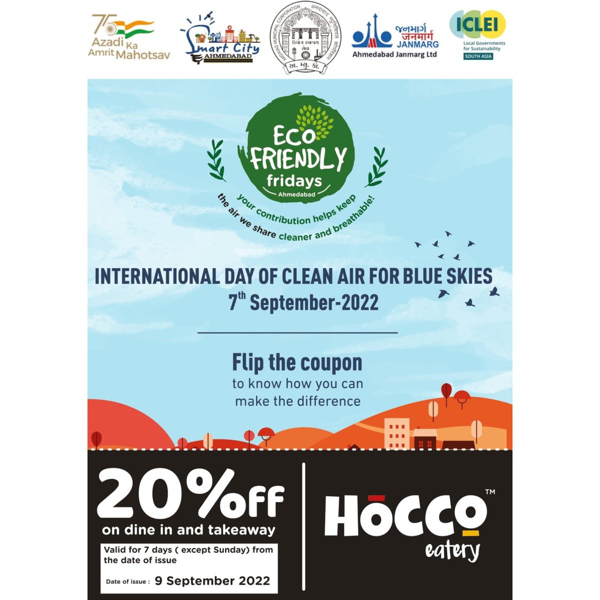 AmdavadAMC's tweet photo. As a part of #ecofriendlyfridayAMD campaign &amp; to reward existing #publictransport commuters, AMC has collaborated with Hocco Eatery &amp; will be giving discount coupons on fridays, starting from 09/09/2022 at selected BRTS stations. Join this initiative to improve #TheAirWeShare. https://t.co/yk3mscbfVh