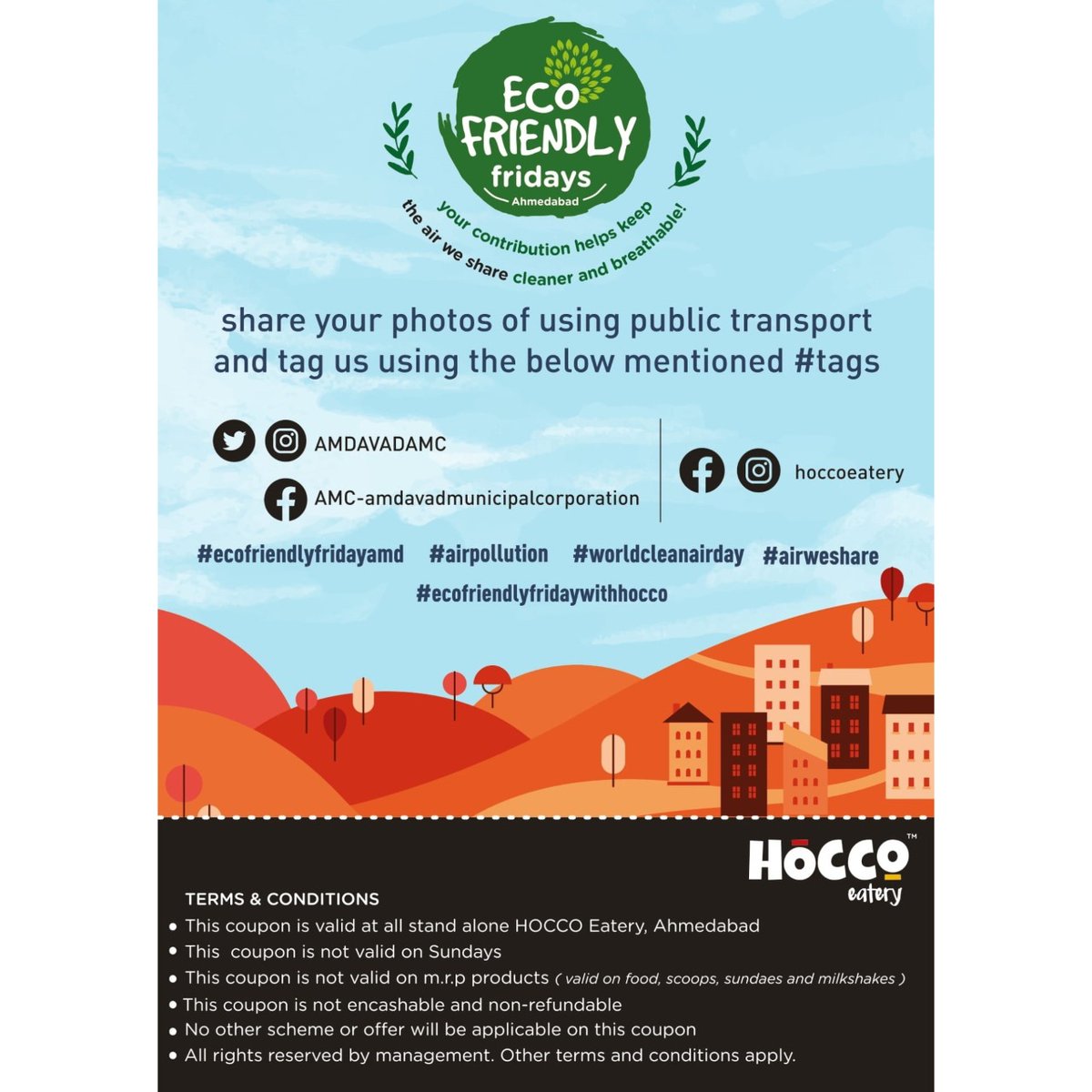 AmdavadAMC's tweet photo. As a part of #ecofriendlyfridayAMD campaign &amp; to reward existing #publictransport commuters, AMC has collaborated with Hocco Eatery &amp; will be giving discount coupons on fridays, starting from 09/09/2022 at selected BRTS stations. Join this initiative to improve #TheAirWeShare. https://t.co/yk3mscbfVh