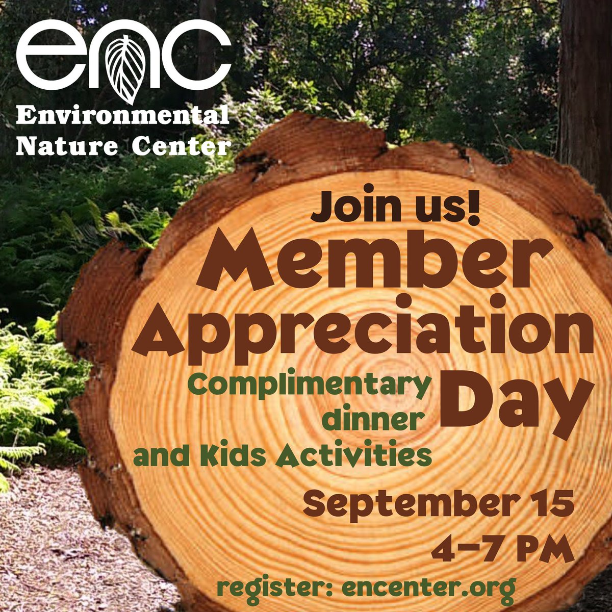 The ENC is hosting its annual Member Appreciation Event Sept 15, 4-7PM. This exclusive ENC member event offers a stroll along the trails, a delicious diner, and kids’ activities led by your favorite Naturalists and Nature Teachers! Reserve at encenter.org!
