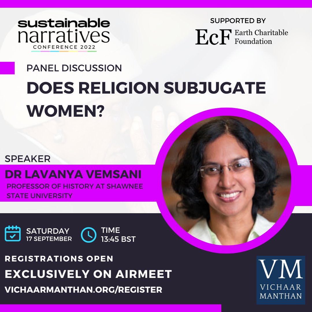 Does #Religion Subjugate #Women? A scholar, professor and editor-in-chief of the International Journal of Indic religion, <a href="/ProfVemsani/">Dr. Lavanya Vemsani Ph.D.</a> will bring her expertise on #femininity in #Hindu Dharma to this important panel. 

Register for #VMSN2022, Sept 15-18: vichaarmanthan.org/vmsn2022