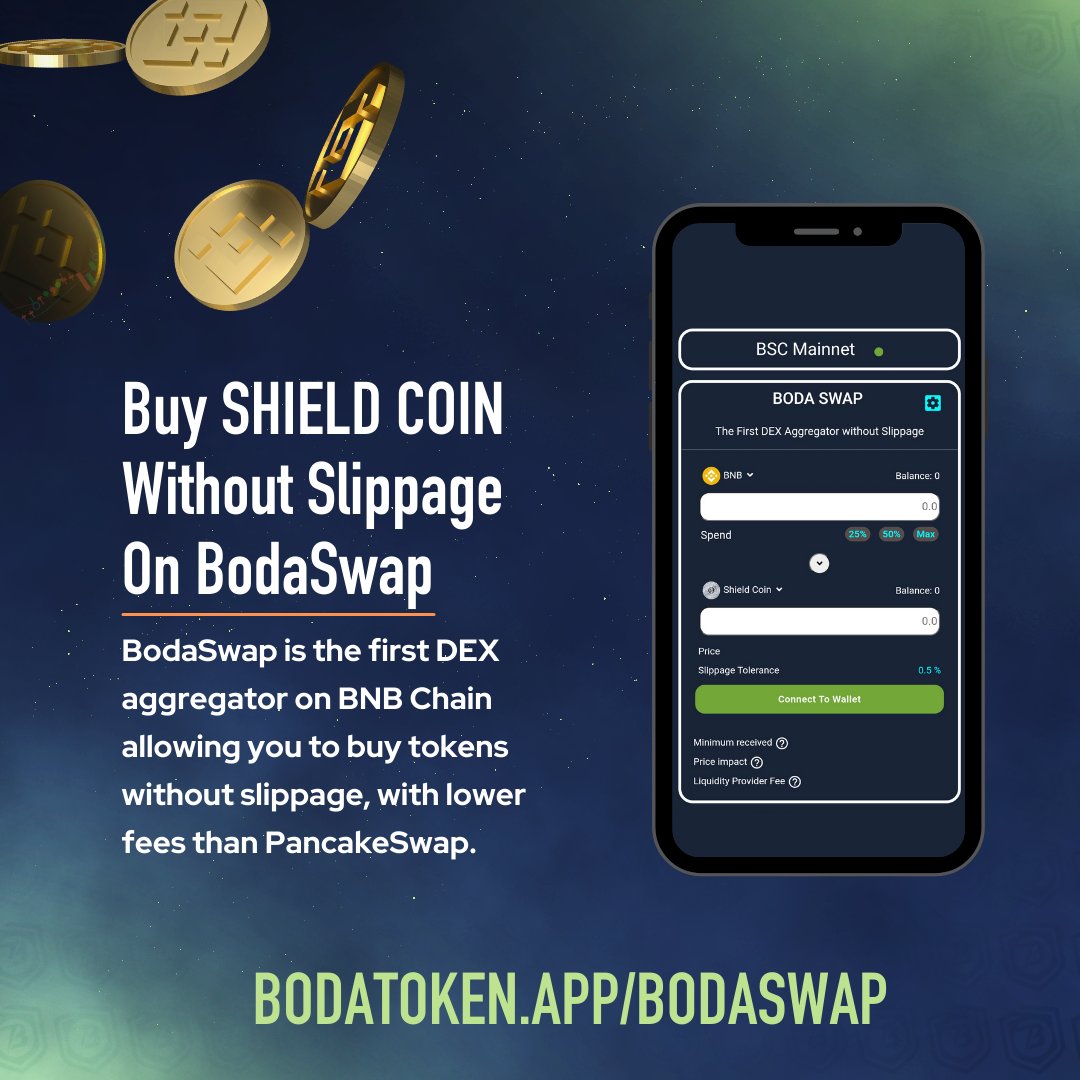 BodaToken's tweet photo. Trade @Shield_Coin on #BodaSwap without slippage!
๐นTry it today at https://t.co/uuOs8399XV
Plus, you can now buy #BNB instantly with Credit Card, Apple Pay, Google Pay or Wire Transfer with NO KYC required, just email, using our fiat on-ramp!
#BNBChain #SHC #ShieldCoin https://t.co/XrweivsL4D