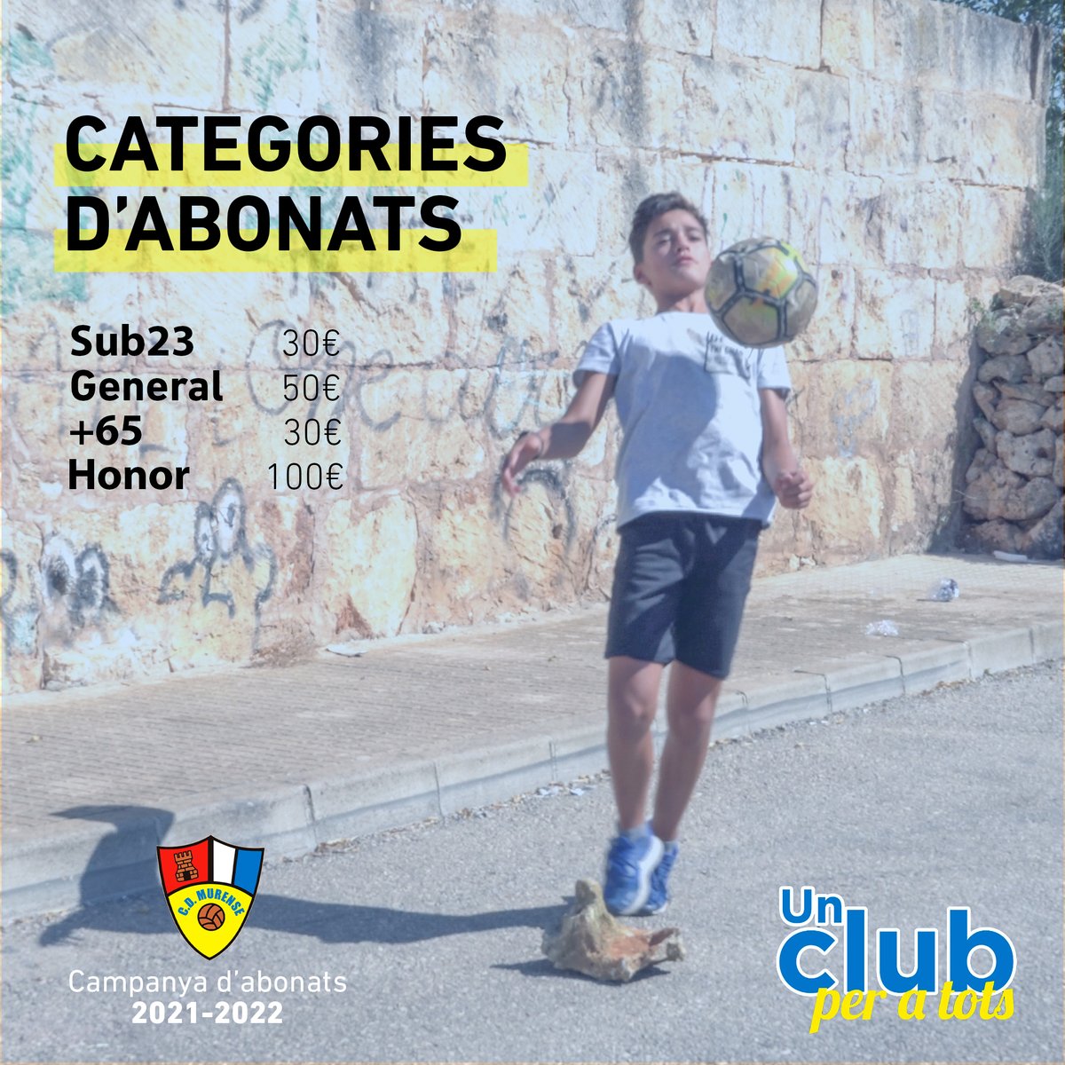 CDMurense's tweet photo. #UnClubperaTots ⚽️ Enguany et necessitam, et volem veure animant al teu equip! Acompanya'ns i abona't en aquesta nova temporada. Aquí tens les diferents categories:
Sub 23 𝟑𝟎€
General 𝟓𝟎€
+65 𝟑𝟎€
Honor 𝟏𝟎𝟎€
(1/2) https://t.co/dlPR6pjMqe