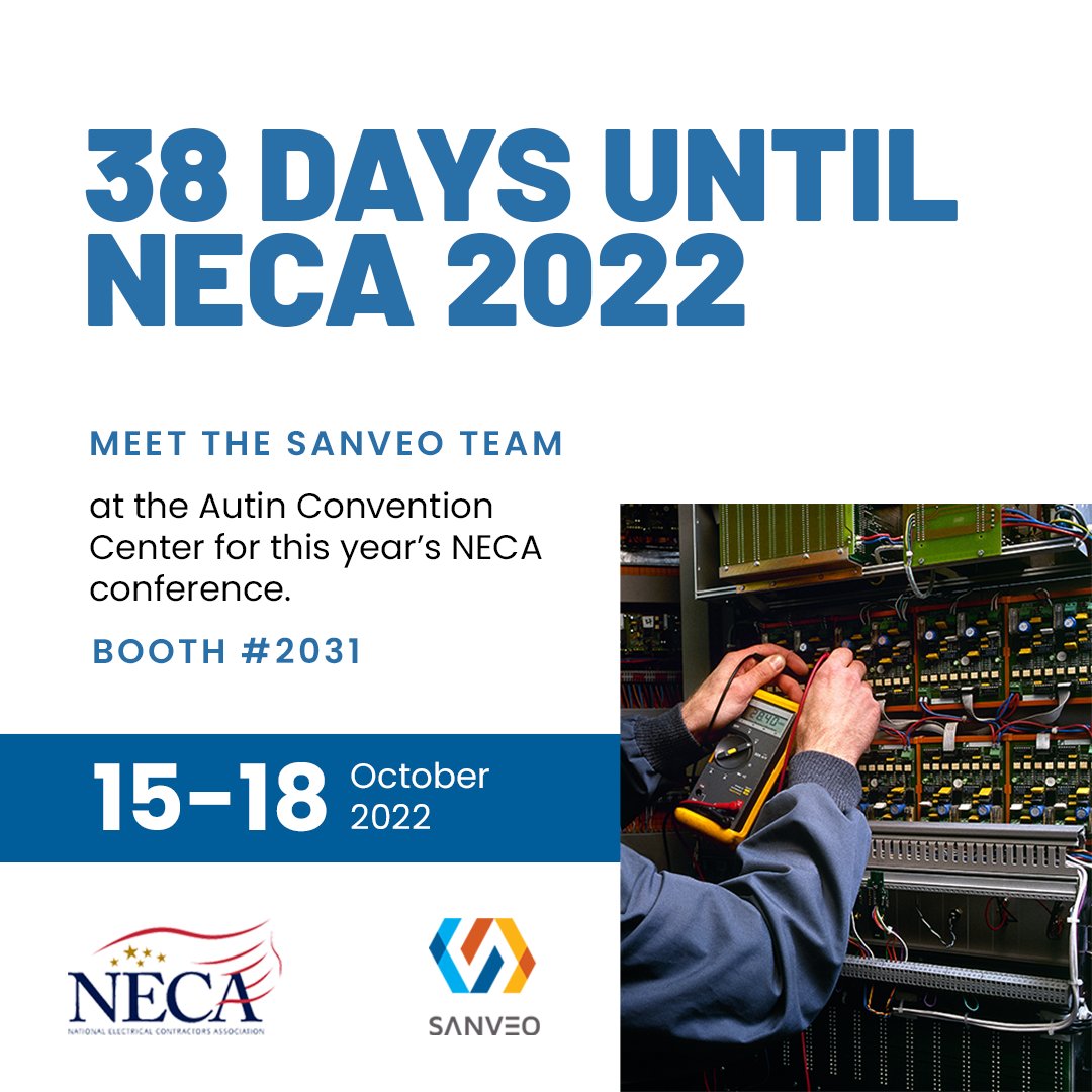 Sanveo's tweet photo. 38 days until #NECA2022! 
Come and meet us from October 15-18 at 📍 the Austin Convention Center in booth 2031! We can't wait to see you! 

Drop a comment below if you will be attending. 👇 https://t.co/Yh6mDdTRgw