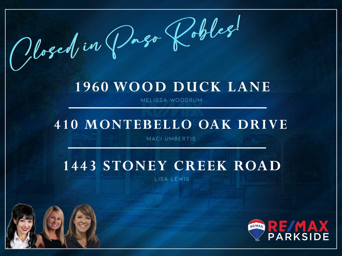 REMAXParksideRE's tweet photo. Congratulations to our fabulous agents, Melissa Woodrum, Maci Umbertis, and Lisa Lewis for their closings in Paso Robles! #realestate #REMAXParkside #REMAX https://t.co/yXMxvIDppA