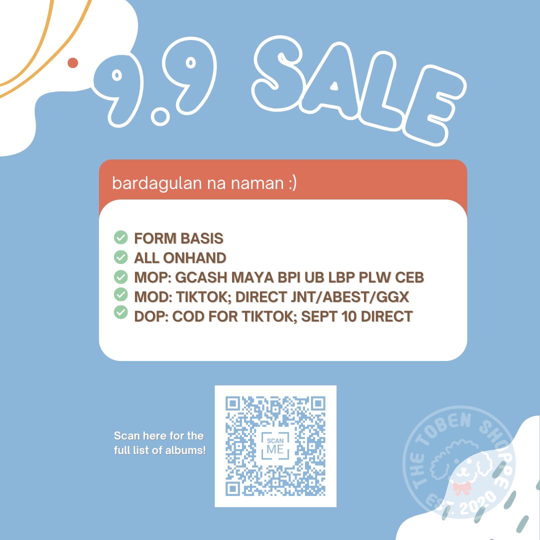 thetobenshoppe's tweet photo. TOBEN’S BIG 9.9 SALE 🤩✨

₱9 UNSEALED ALBUMS
₱9 SEALED
₱99 SEALED
₱99 OFFICIAL PCS
₱99 EXO ERIBONG V3 

ALL UNSEALED albums for ₱99
ALL SEALED for ₱350
Full List: https://t.co/EN9xy7fsYG

FORM BASIS, SEPT 9, 9PM

LIKE, and RT for a sealed album of your choice ! 🫣 https://t.co/MIGdOpxhE9