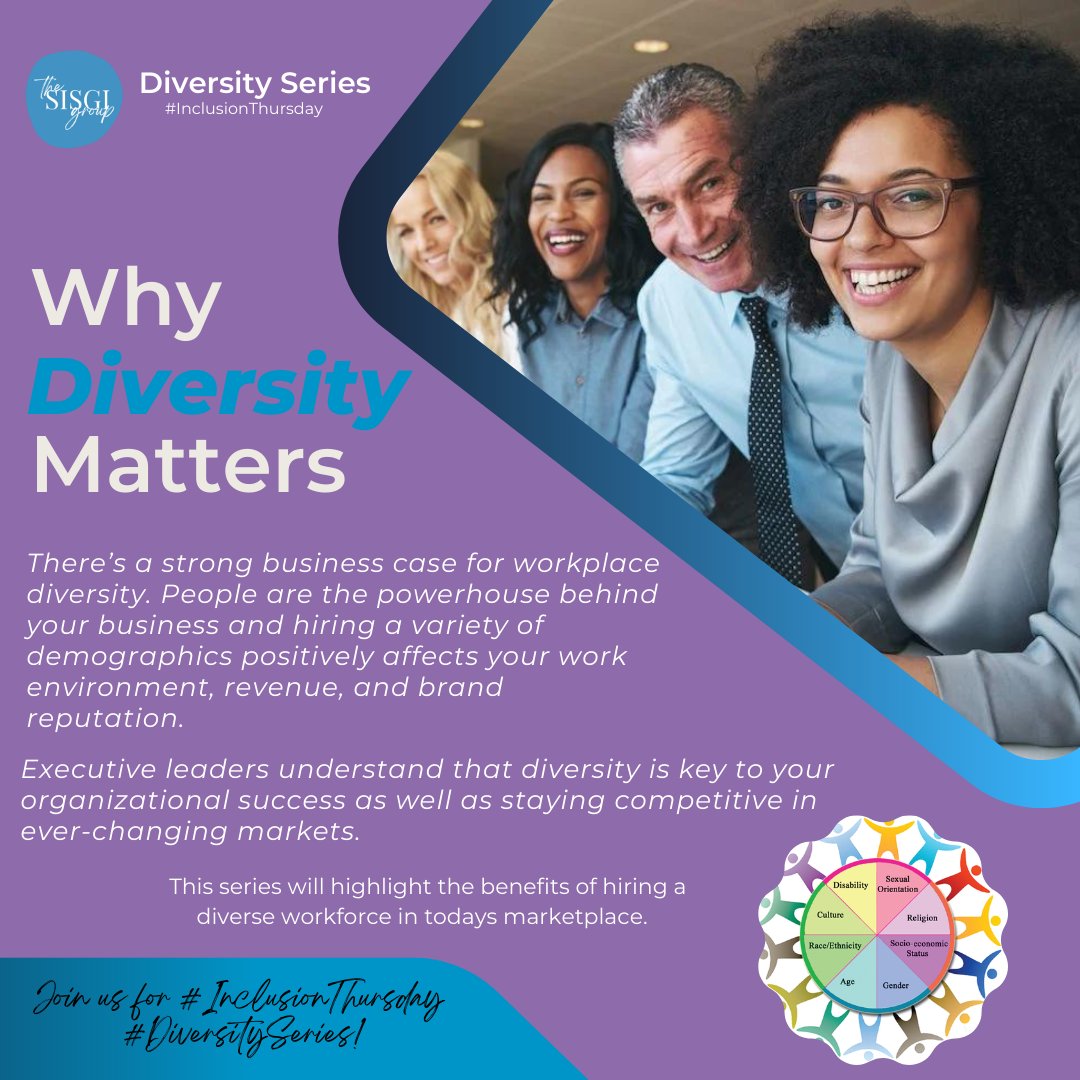 Sisgigroup's tweet photo. People are the powerhouse behind your business and hiring a variety of demographics positively affects your work environment, revenue, and brand reputation.

#InclusionThursday
#DiversitySeries
#DiversityMatters https://t.co/C67TT3iyrv
