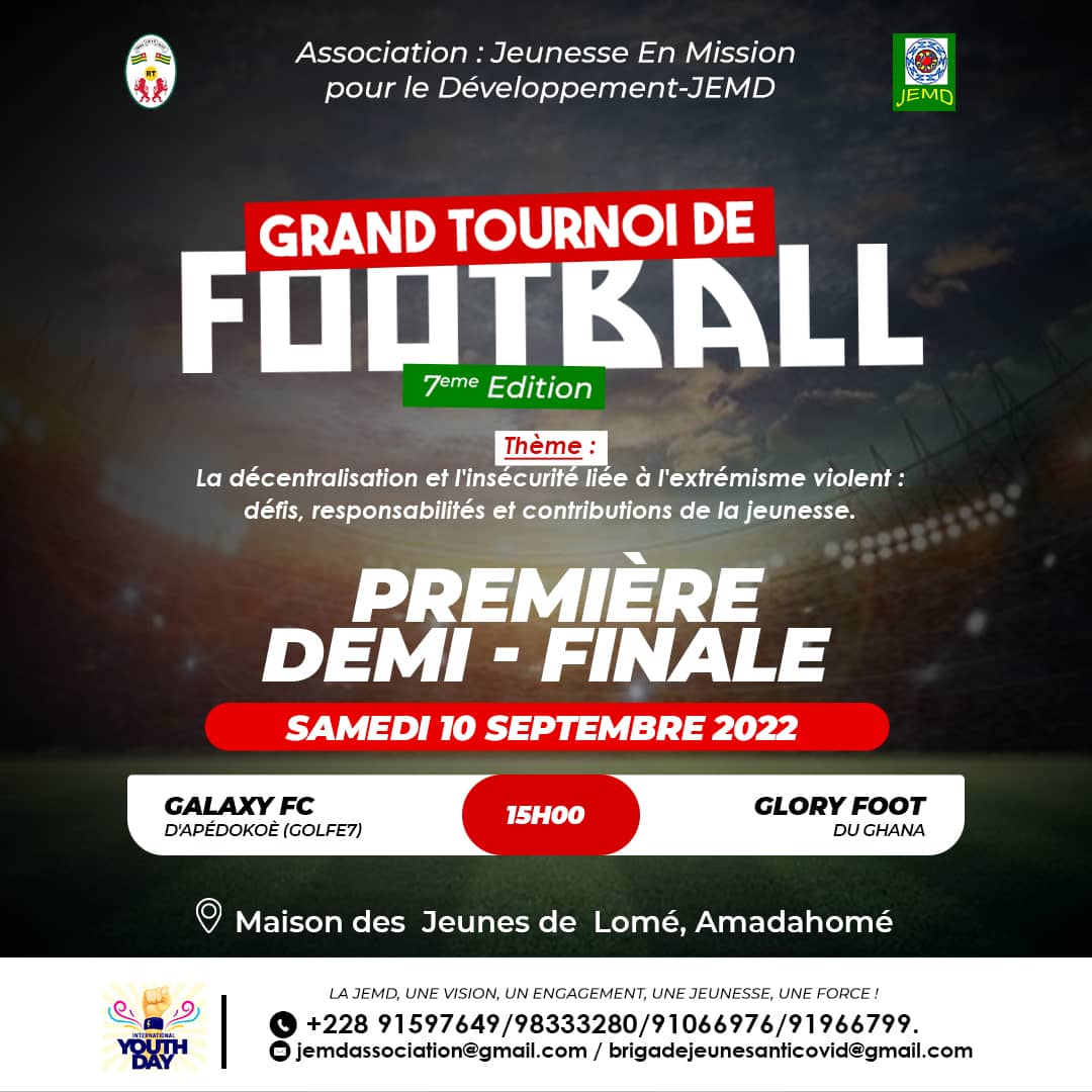 Jemdmission's tweet photo. La première demi-finale du grand tournoi de sensibilisation, 7ème édition de la JEMD se joue ce samedi 10 septembre à partir de 15h00. Le déplacement s'impose. Le Golfe7 face au Ghana voisin. https://t.co/e7Tbnm16KC