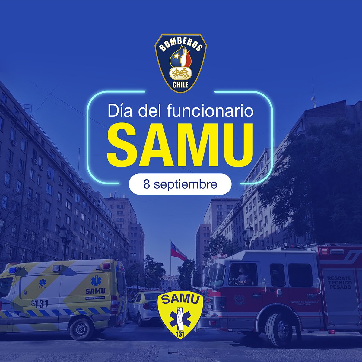 BomberosdeChile's tweet photo. En el "Día del funcionario SAMU" saludamos a todo el equipo del Servicio de Atención Médica de Urgencia, que trabaja junto a nuestros bomberos en las distintas emergencias que se regitran en el país.

¡Sigamos colaborando! 🚒🚑 https://t.co/r7wL0zMIFF