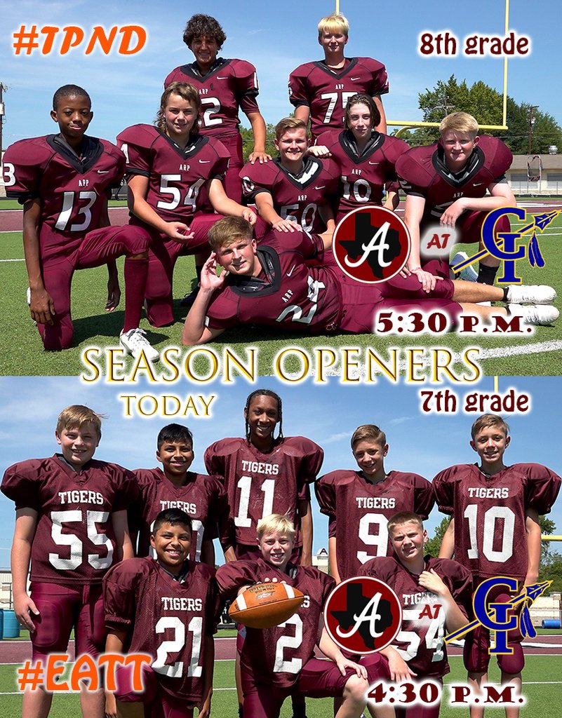 ArpISD's tweet photo. Best of luck to our @Arp_JH 🐅🏈 teams as they open their 2022 season this afternoon (Thursday) at Carlisle.
7th grade will scrimmage at 4:30pm, while 8th grade plays a regular game following at around 5:30pm.
Get out &amp; show your #TPND for these young men.
#EATT #bEASTtexas https://t.co/X2TivM2ayP
