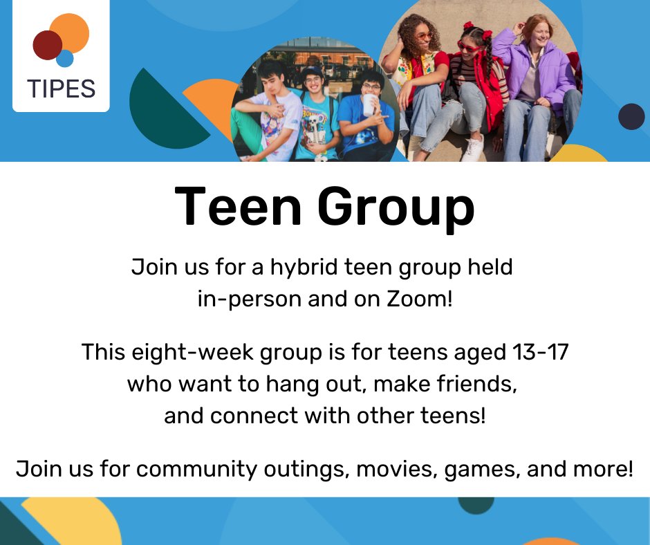 TIPESOTT's tweet photo. Join us each week for a hybrid teen group held in-person and on Zoom!

September 27, 2022 – November 22, 2022
Where: In-person and on Zoom
When: Tuesdays, 5:00-6:00pm
Cost: $150 for eight weeks

To register please contact marnie@tipes.ca. 
(613) 702-8502 ext. 809 https://t.co/lcIq2GW2LD