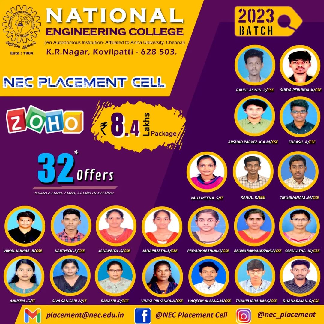NecScience's tweet photo. There are no secrets to success. It is the result of preparation, hard work, and learning from failure.
Hearty congratulations to our students ...!! 💐💐💐

#NEC #NECKOVILPATTI #COLLEGE #studentsindark #mech #eee #cse #ece #it #infrastructure #topinstitution #Bestplacement

@Zoho https://t.co/Ct01X0D08F