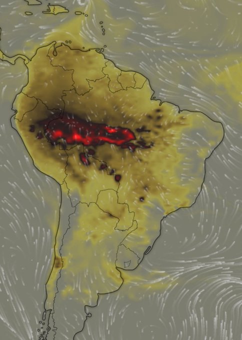 MaximCombes's tweet photo. Vous voyez cette immense tache rouge et noire ? Ce sont les incendies en Amazonie. Là, maintenant. 

Vous connaissez le pire ? La Commission européenne s'active pour ressusciter l'accord de commerce UE-Mercosur qui permettra d'importer viande et aliments produits sur ces terres. https://t.co/EdiHlp63q2