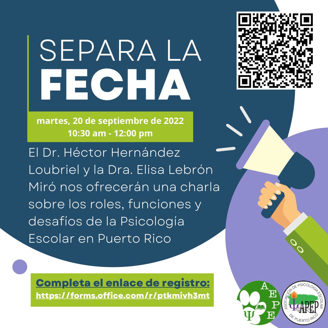 aepeuprm's tweet photo. Acompáñanos el martes 20 de septiembre a las 10:30 am en la actividad: 

📚Roles, Funciones y Desafíos de la Psicología Escolar en Puerto Rico📚

Favor de llenar el siguiente formulario de registro para recibir el enlace de zoom: https://t.co/PW8bOSxAb9

🎉¡Te esperamos!🎉 https://t.co/AuBFJrSTMz