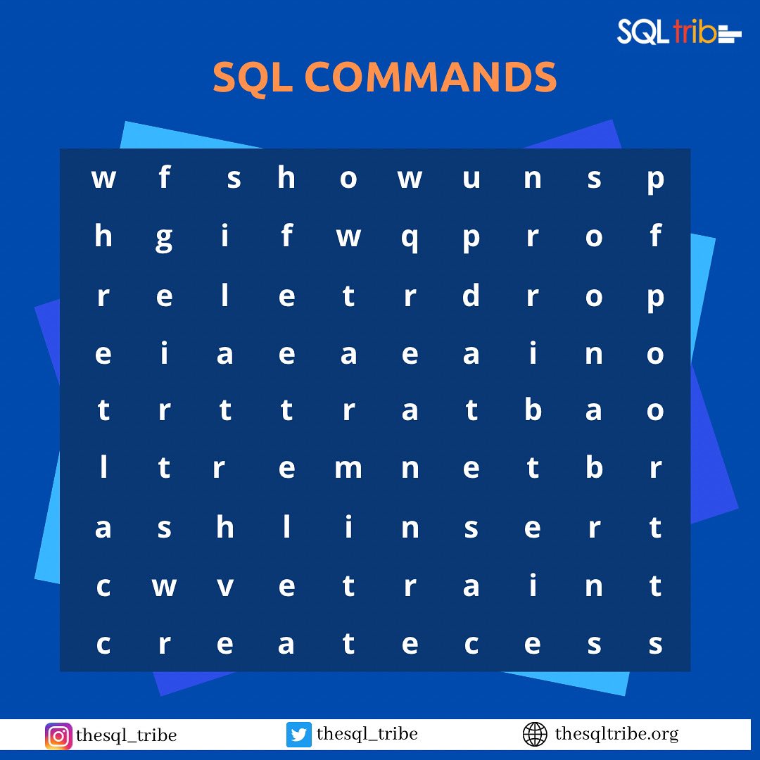 thesql_tribe's tweet image. Can you find all the 10 SQL commands in the puzzle? 

#thesqltribe #sqlcommands #sql