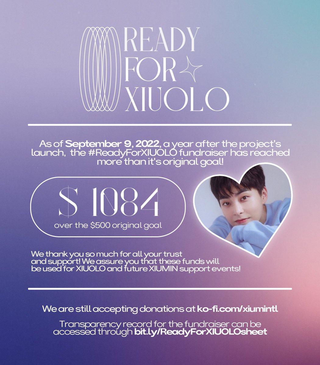 xiumintl's tweet photo. 📌UPDATE: #ReadyForXIUOLO 

It's been a year since we started this fundraiser, and we're happy to announce that we exceeded the original goal by double the amount! All of these will be used for XIUMIN only!

🔗https://t.co/FS5EC3AOde
🔗https://t.co/4kVKtOg3r3 https://t.co/0yVCdxVR84