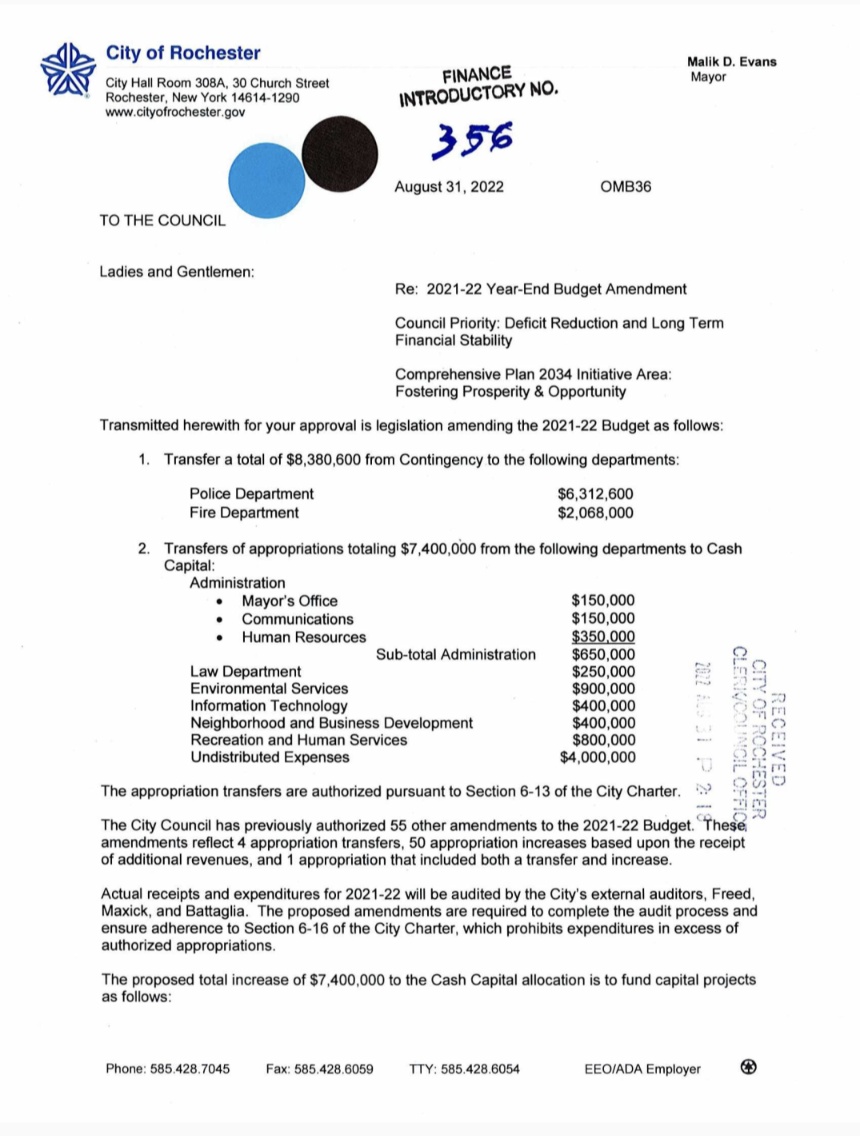 GinoFanelli's tweet photo. The Rochester Police Department is set to get $6.3 million for the 2022 budget. After a $2.25 million allocation in June, that adjusts the budget +$8.55 million. That places the budget at $99.35 million, about $700k higher than 2020, despite budget cuts the two following years. https://t.co/e7Qzcnpg2U