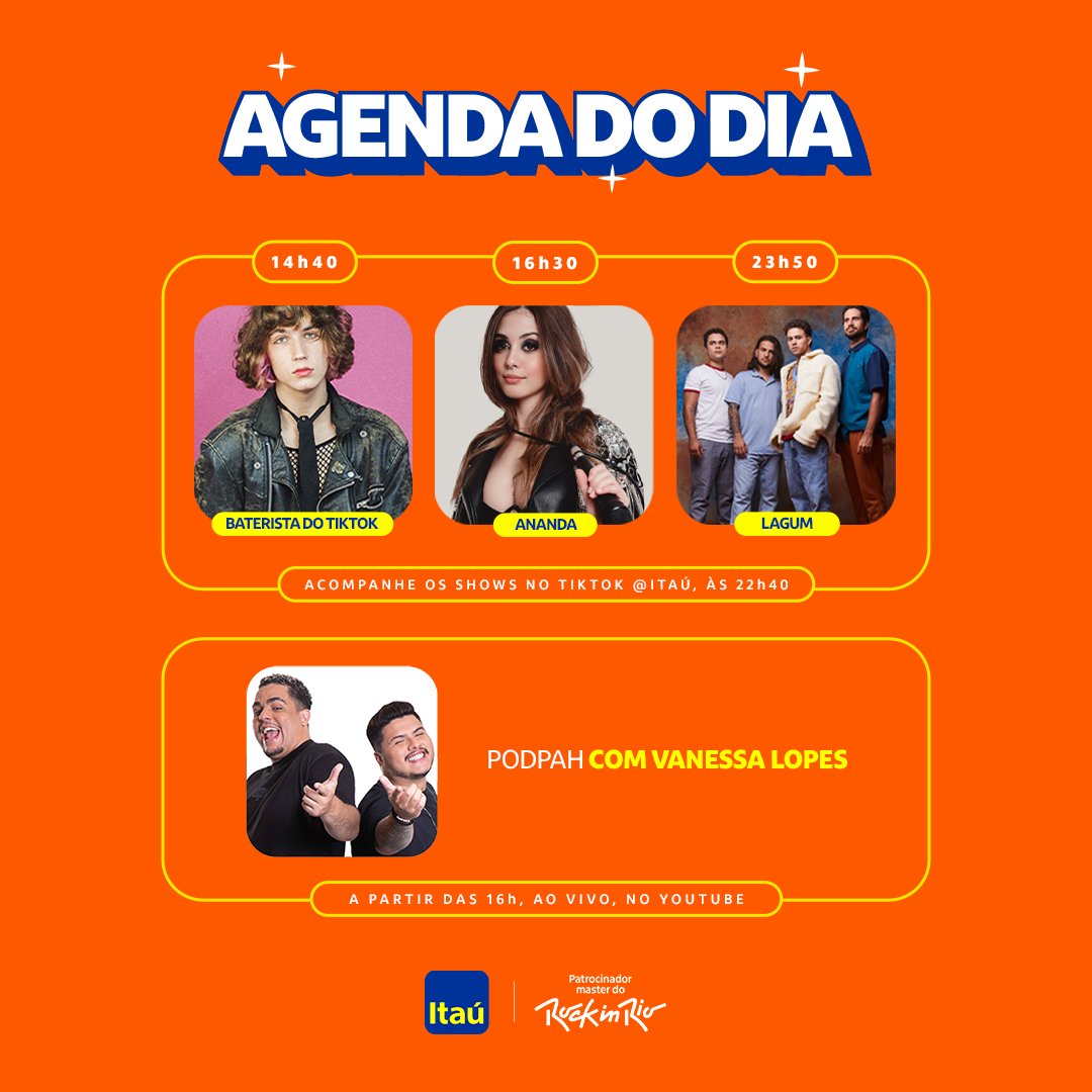 itau's tweet photo. O segundo fim de semana do Rock in Rio chegou! E vamos de agenda do dia. Conta pra gente, quem você não vai perder? #OPalcoÉTodoSeu 🧡 https://t.co/OtynLTRWcK