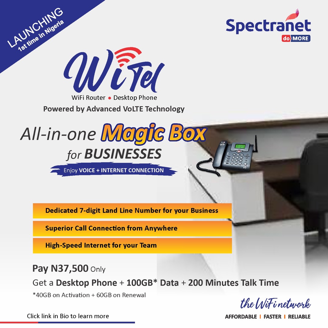 Spectranet_NG's tweet photo. Do you own a physical or online business in Lagos or Abuja?
You should get a WiTel Device!
Visit https://t.co/ZED4rqx288 to Learn More
#SpectranetWiFi #SpectranetWitel #SpectranetVoice #VoLTEDeskphones #lagosbusiness #abujabusiness #customerservice #businesssolutions https://t.co/KxOWBttRAL