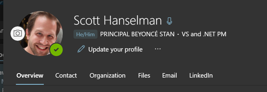 shanselman's tweet photo. I may or may not have accidentally changed my title at work to PRINCIPAL BEYONCÉ STAN and now I need to call HR and not get fired. https://t.co/INSqMzUlWU