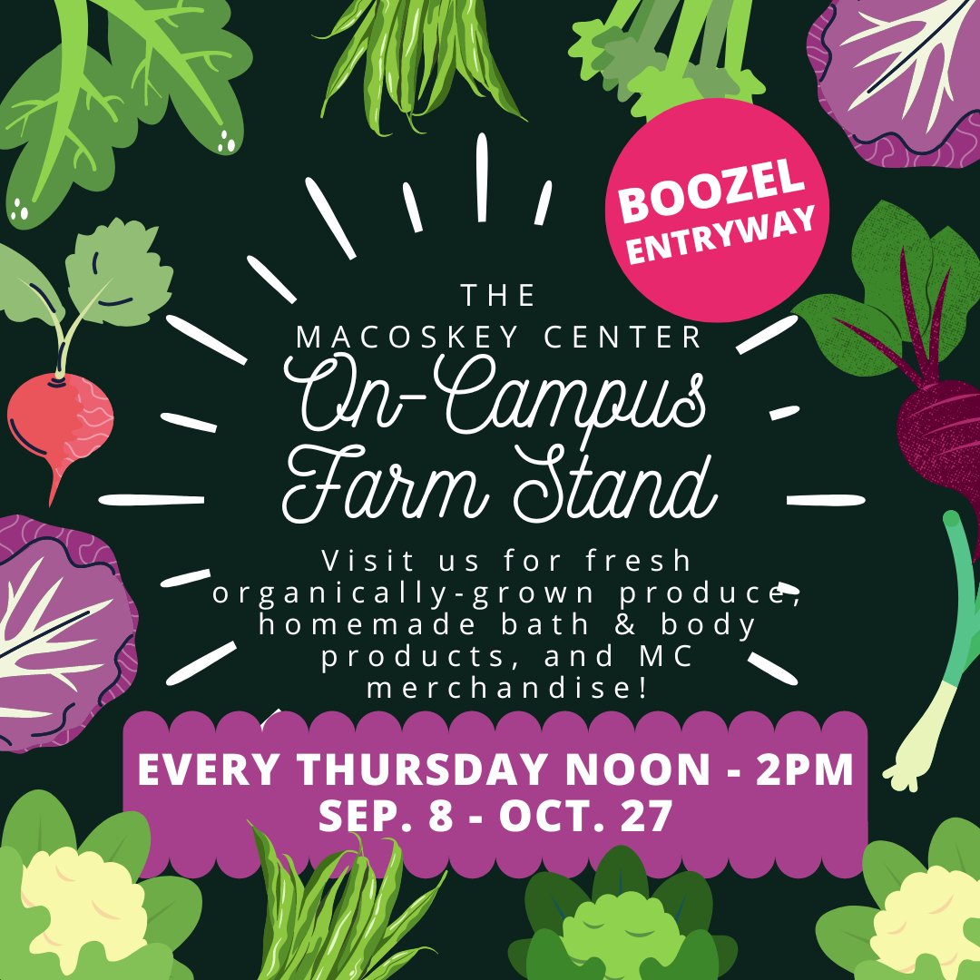 Looking for fresh, organically-grown, local produce? Homemade bath &amp; body products? Come visit us in the Boozel Entryway NOW! Every Thursday 12-2pm, Sept. 8th - Oct. 27th. You can pay with cash, card, or flex! #Sustainability #DIY #localfood #SRU #macoskeycenter