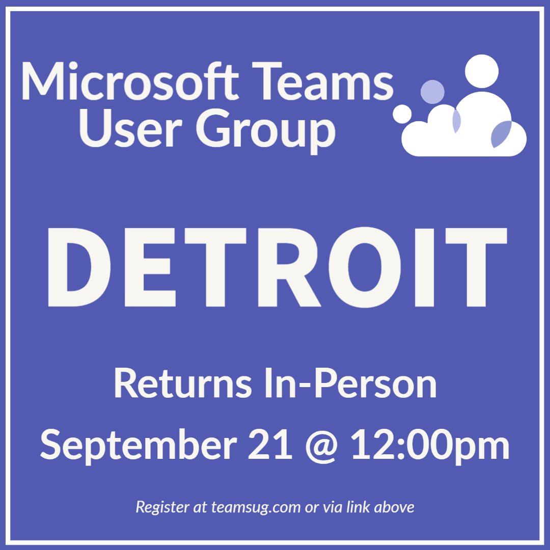 JoePalarchio's tweet photo. The Microsoft Teams User Group is back in-person in Detroit.

Come join us for lunch and discussion on "Conditional Access and Intune" along with "What's New in Teams".

Looking forward to seeing everyone!

Registration at: https://t.co/mmsxecqlGD https://t.co/ISO7SWUYY6