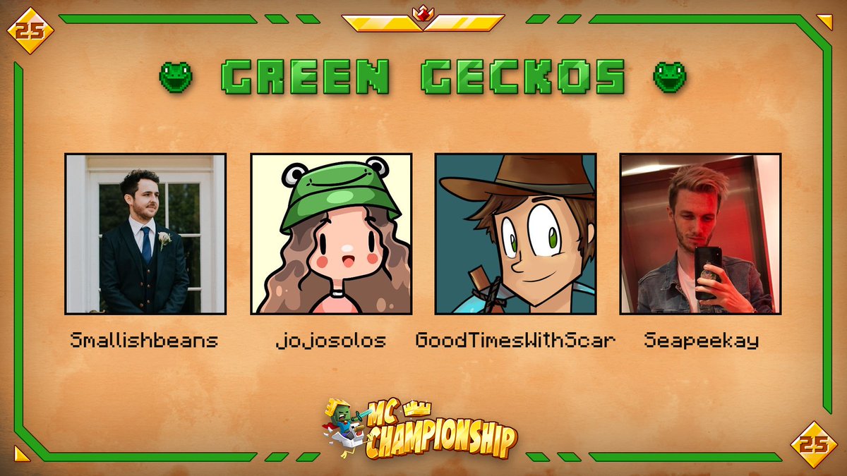 MCChampionship_'s tweet image. 👑 Announcing team Green Geckos 👑

@Smallishbeans @GTWScar @Seapeekay @jojosoIos

Watch them in MCC on Saturday September 24th at 8pm BST!
