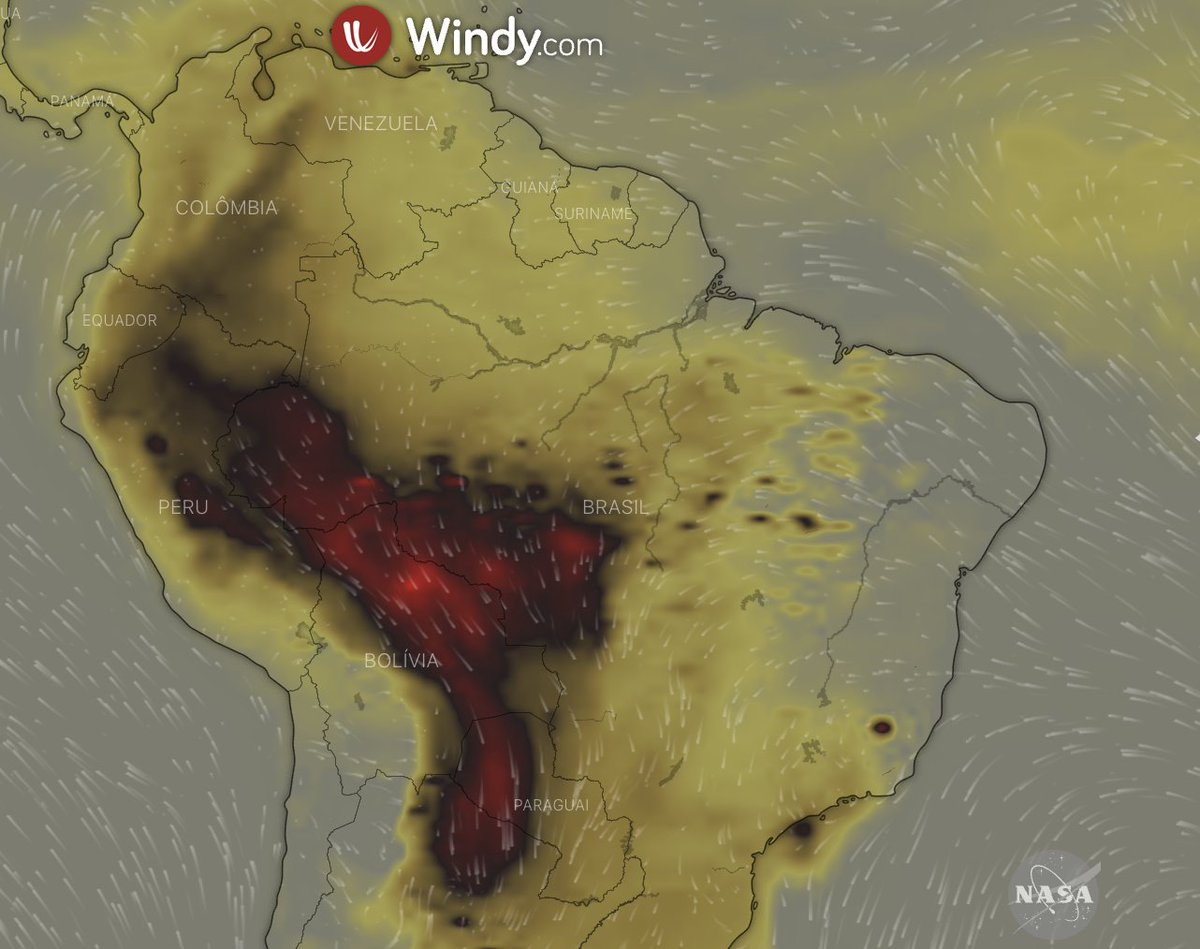 Much of the Brazilian and Bolivian Amazon is burning at the moment. 
The satellite image shows the concentration of CO (carbon monoxide, a fire indicator) in the atmosphere. The darker, the more CO. The red indicates the most affected areas.