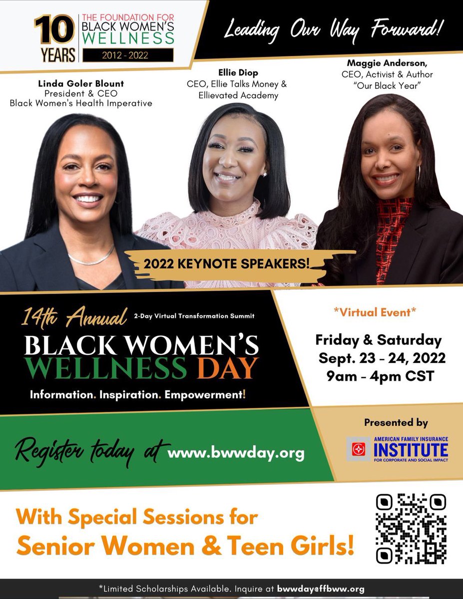 Friends! Join #FFBWW for the 14th Annual Black Women’s Wellness Day Virtual Summit on Fri &amp; Sat, Sept 23- 24th! Black women’s leadership will be on full display! Grateful for <a href="/blkwomenshealth/">blkwomenshealth</a> <a href="/lindagblount/">Linda Goler Blount</a> , <a href="/OurBlackYear/">Maggie Anderson, JD, MBA, Author "Our Black Year"</a> and <a href="/ellietalksmoney/">Ellie ✨</a> ! Register!
BWWDAY.org