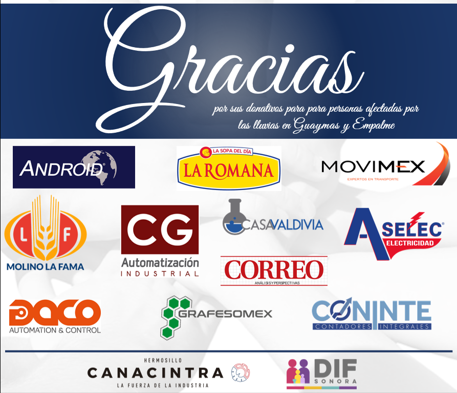 CanacintraHmo's tweet photo. Gracias a las empresas que apoyaron con sus donativos para nuestros hermanos de Guaymas y Empalme afectados por las lluvias.

#CANACINTRAHmo @DIFSonora  #VisiónDeFuturo #IndustriaConCausa https://t.co/OQJpuTrniu