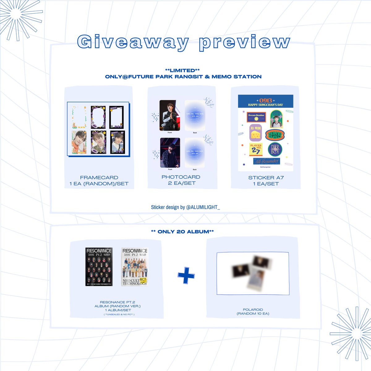 𝗚𝗶𝘃𝗲𝗮𝘄𝗮𝘆 𝗽𝗿𝗲𝘃𝗶𝗲𝘄 🎁
📍 𝗢𝗻𝗹𝘆 𝗔𝘁: 𝗙𝘂𝘁𝘂𝗿𝗲 𝗣𝗮𝗿𝗸 𝗥𝗮𝗻𝗴𝘀𝗶𝘁 (ชั้น 𝟯 โซนเซนทรัล) &amp; 𝗠𝗲𝗺𝗼 𝗦𝘁𝗮𝘁𝗶𝗼𝗻 𝗔𝘀𝗼𝗸𝗲

#withsungchan
#HAPPYSUNGCHANDAY