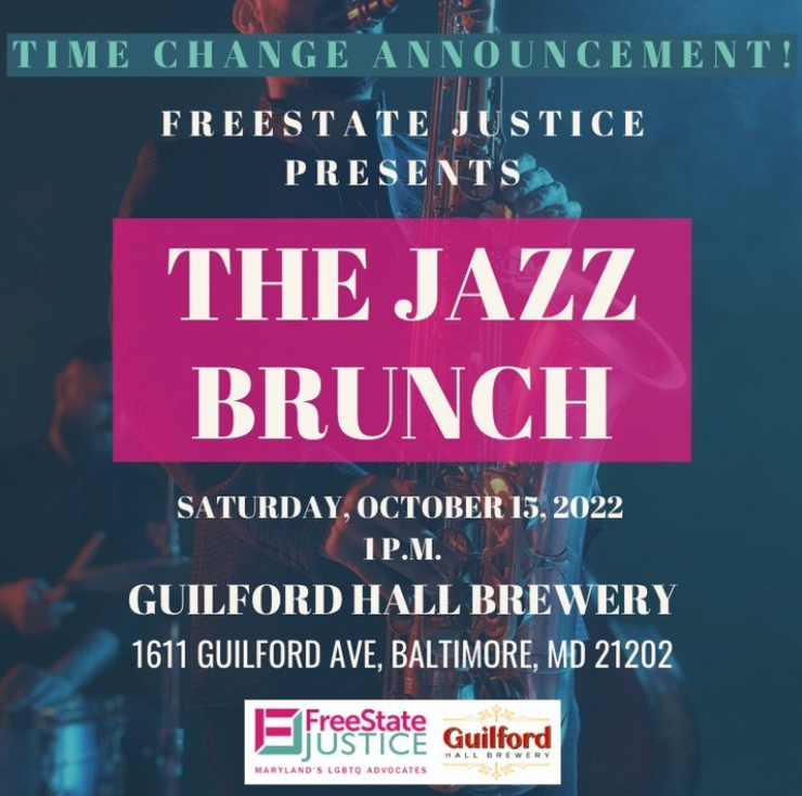 FreeStateLGBTQ's tweet image. ANNOUNCEMENT: The time of FreeState Justice’s Annual Jazz Brunch has changed from 11:30 AM to 1:00 PM on October 15th at the Guilford Hall Brewery!

If you have questions regarding ticket purchases, please contact Shayne Miller-Westfield at swestfield@freestate-justice.org.