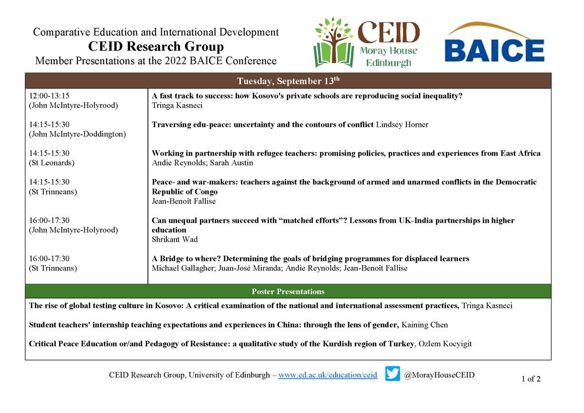 MorayHouseCEID's tweet photo. Looking forward to #BAICE2022 - Over 15 #CEIDResearchGroup members participating. Check below for their panels &amp; stop by our @MorayHouseCEID table in South Hall to chat &amp; learn more about our research, #MScCEID &amp; @CeidSociety 
👋See you Soon
@MorayHouse @baicenews https://t.co/yAAzAnHnvV
