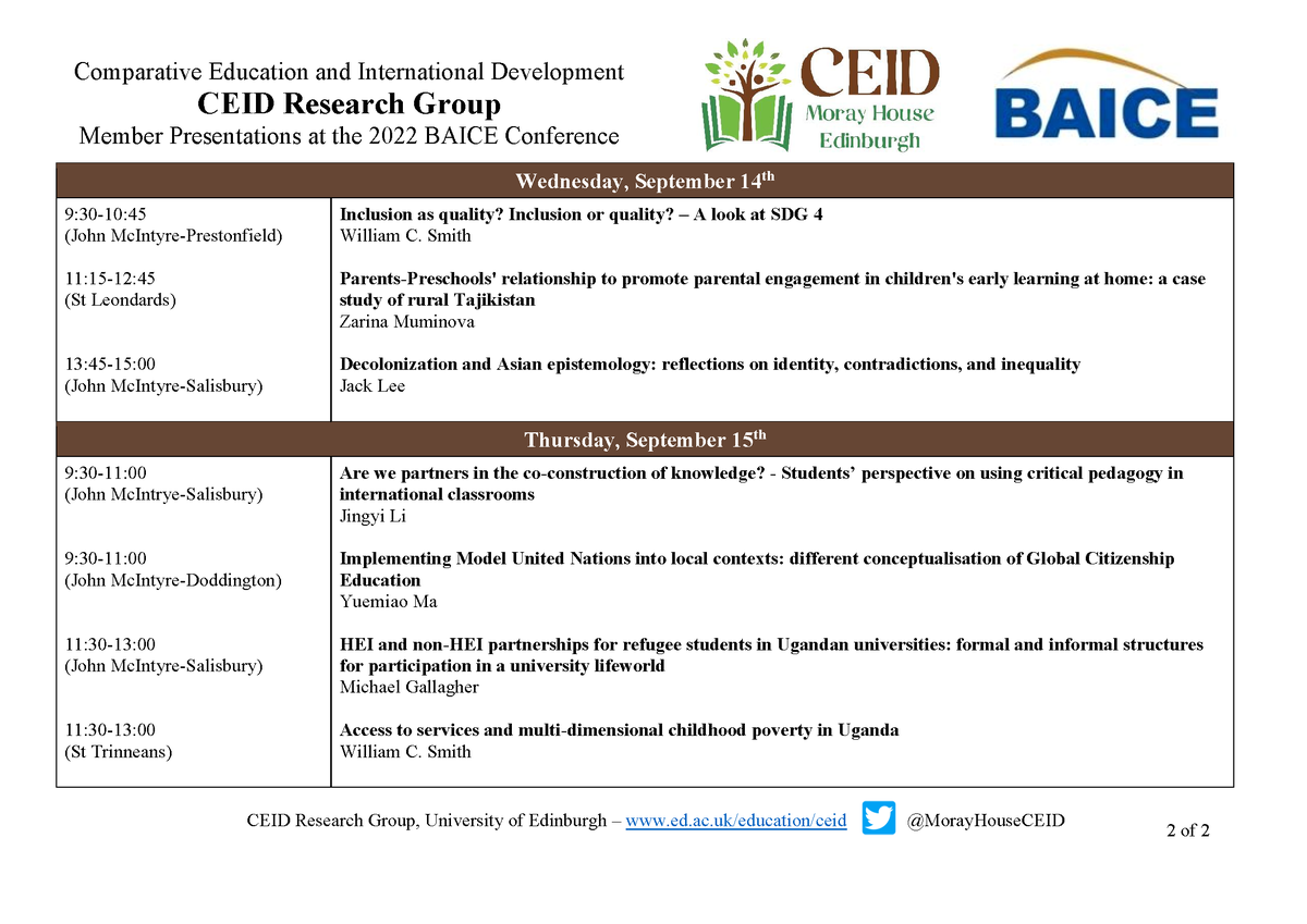 MorayHouseCEID's tweet photo. Looking forward to #BAICE2022 - Over 15 #CEIDResearchGroup members participating. Check below for their panels &amp; stop by our @MorayHouseCEID table in South Hall to chat &amp; learn more about our research, #MScCEID &amp; @CeidSociety 
👋See you Soon
@MorayHouse @baicenews https://t.co/yAAzAnHnvV