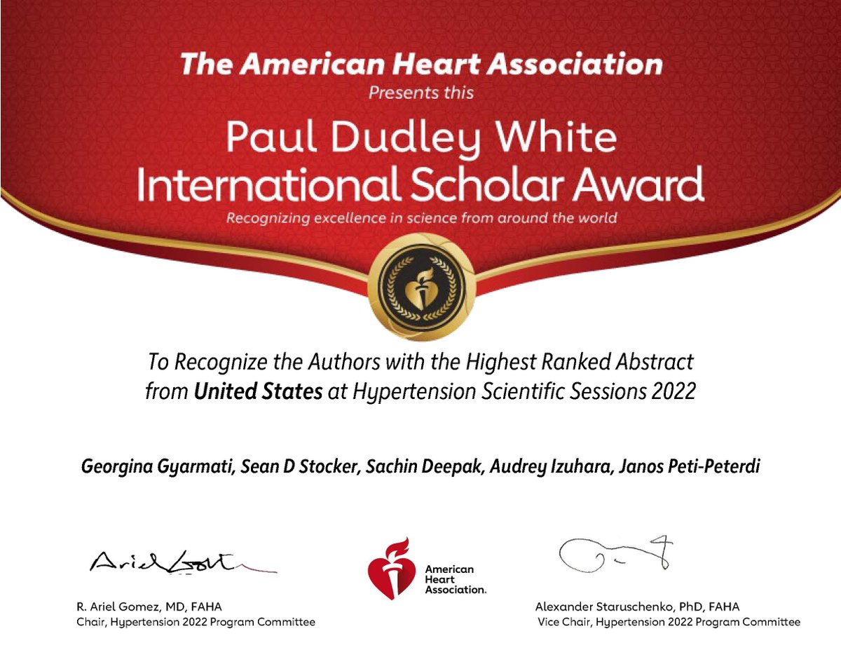 So happy to be recognized along with my peers at #Hypertension22 for the highest-ranked
abstract from the United States. @AHAScience @American_Heart #kidney #WomenInSTEM @JPetiPeterdi