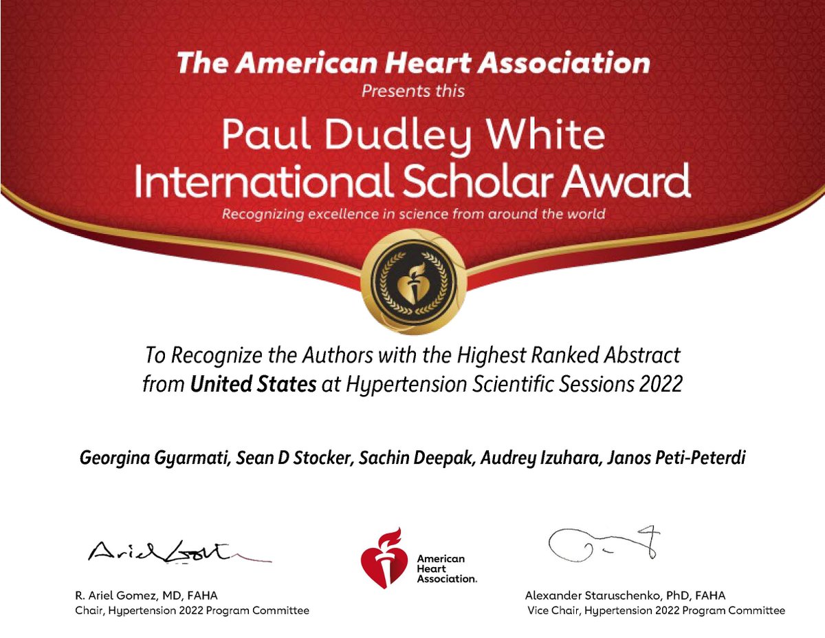 Georgina Gyarmati (@gyarmatigina) on Twitter photo So happy to be recognized along with my peers at #Hypertension22 for the highest-ranked
abstract from the United States. <a href="/AHAScience/">AHA Science</a> <a href="/American_Heart/">American Heart Association</a> #kidney #WomenInSTEM <a href="/JPetiPeterdi/">Janos Peti-Peterdi</a> So happy to be recognized along with my peers at #Hypertension22 for the highest-ranked
abstract from the United States. <a href="/AHAScience/">AHA Science</a> <a href="/American_Heart/">American Heart Association</a> #kidney #WomenInSTEM <a href="/JPetiPeterdi/">Janos Peti-Peterdi</a>
