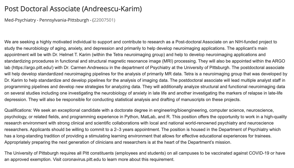 KarimH349's tweet photo. We are hiring a #postdoc here at Pitt! They will be helping to standardize neuroimaging pipelines (for the greater neuroimaging community) and developing new approaches. They will also focus on several of our new studies with @carmen_andree! 

Apply here:
https://t.co/G0H4Gaf0we https://t.co/xovspHOHDx