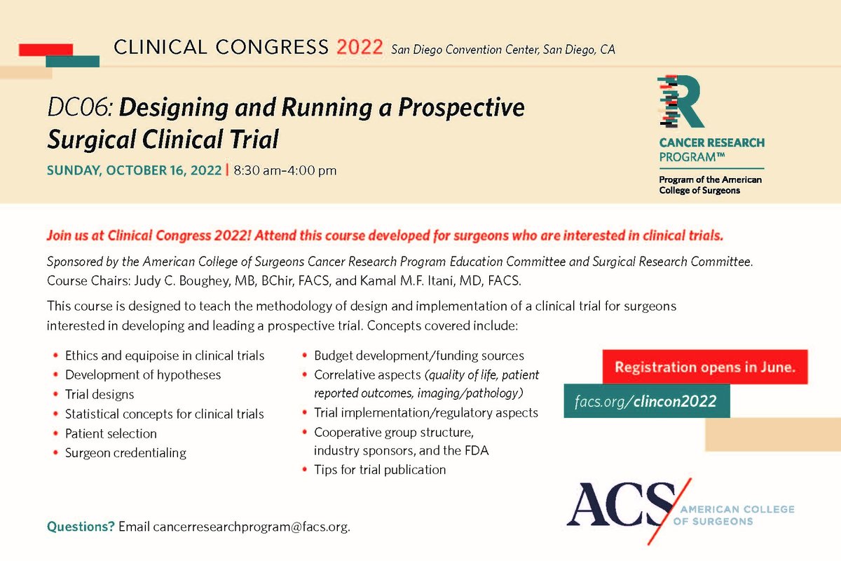 AmColSurgCancer's tweet photo. The #ACSCRP &Surgical Research Committee will sponsor DC06:Designing & Running a Prospective Surgical Clinical Trial course @ #ACSCC22.Speakers include @DrJudyBoughey @kmfitani1 @mkatzmd Peter Nelson,MD @JamesFleshmanM1 Eric Lazar, MD George Saroisi,MD @akweissMD Karla Ballman,MD https://t.co/lIpvRd6fYY