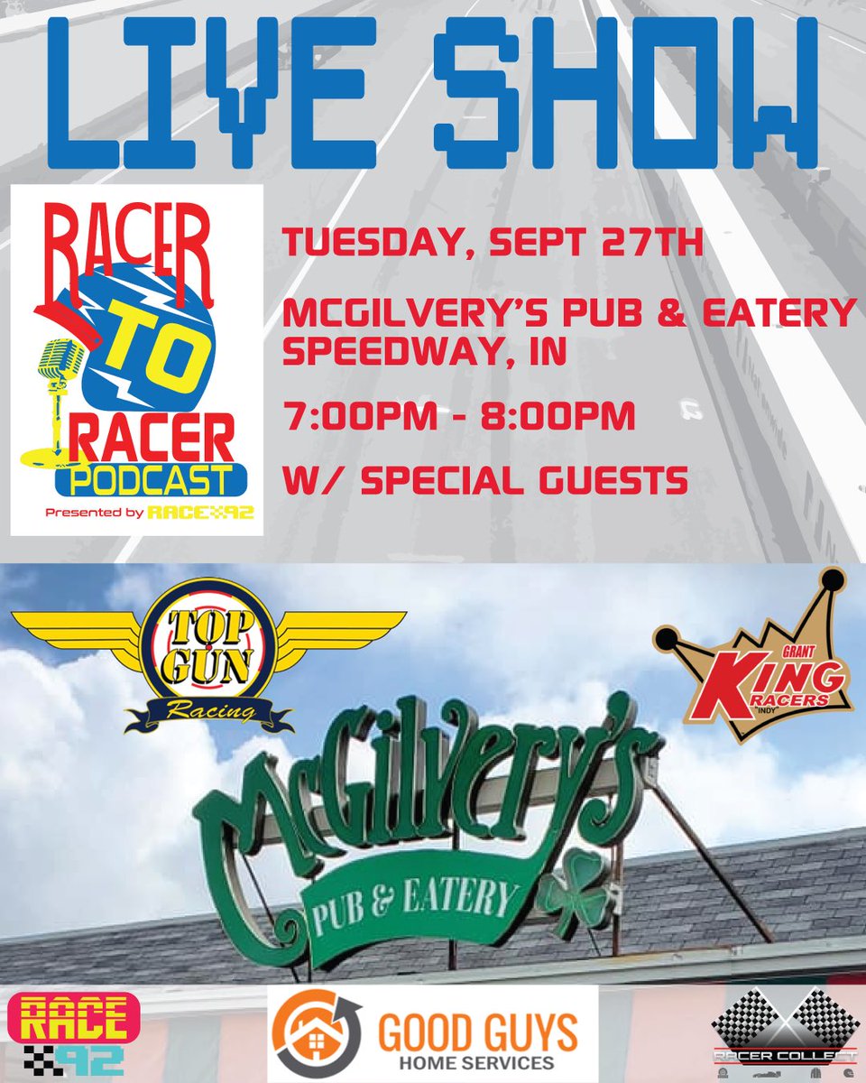 RacertoRacer's tweet photo. Excited to announce our first live Podcast show at McGilvery’s Pub and Eatery in Speedway Indiana on Tuesday, September 27th at 7pm EST with special guests! @RacerCollect @TopGunRacing75 @race92racing @DLand91 #racingpodcast #indy #indy500 #indycar #speedway #racertoracer https://t.co/axO666onY7