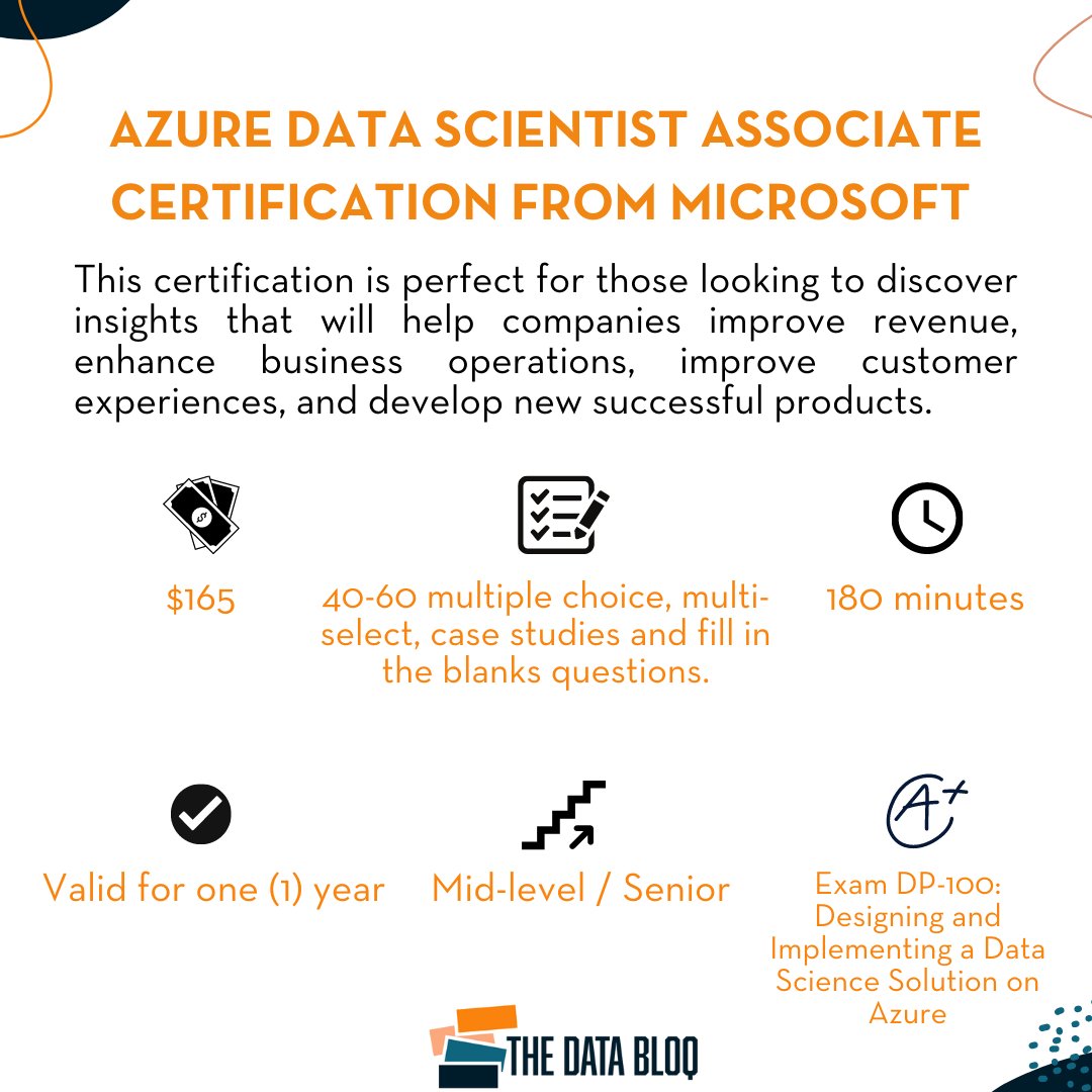 Microsoft's Data Scientist certification will ensure that you are able to create a machine learning workspace where they can run, train, and deploy responsible machine learning models. If you're looking to upskill, you shouldn't sleep on this! #data #datascientist #microsoft