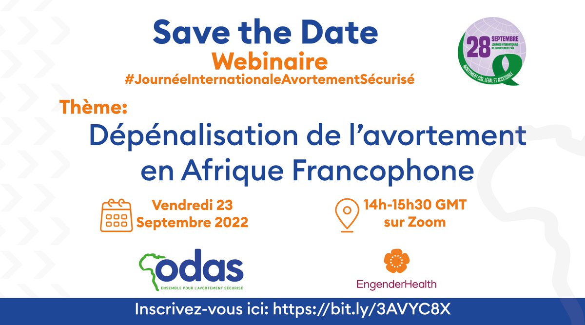 Ce 23 septembre de 14h-15h30 GMT, rejoingnez le <a href="/CentreOdas/">Centre ODAS</a> et <a href="/EngenderHealth/">EngenderHealth</a> Afrique de l'Ouest et du Centre pour parler de "Dépénalisation de l'avortement en Afrique francophone". Inscrivez-vous ici👉bit.ly/3AVYC8X
#JournéeInternationaleAvortementSécurié 
#SaveTheDate