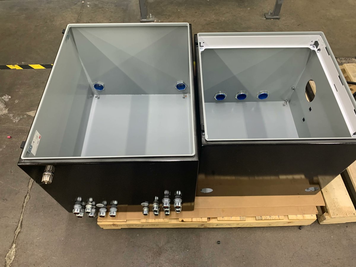 These electrical cabinets have been painted, punched and prepared here in house at ITI and are ready to receive their electrical components. #industrialautomation #industrial #automationsolutions #machineshop