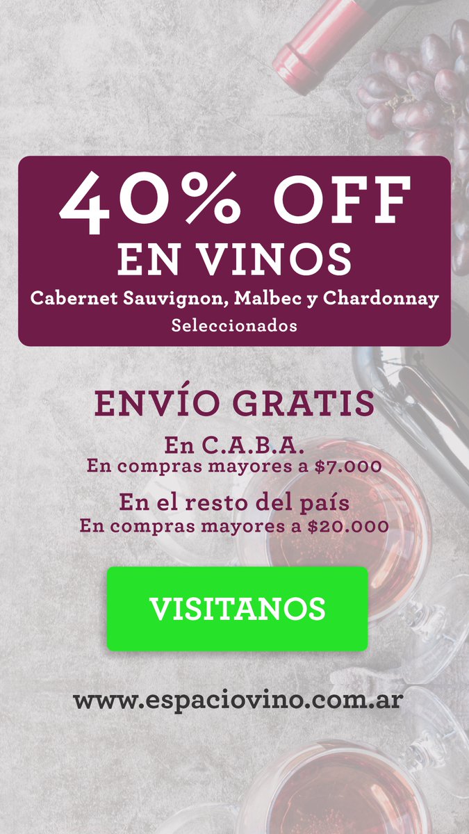 40% OFF
En vinos Cabernet Sauvignon, Malbec y Chardonnay seleccionados

Miralos acá:
espaciovino.com.ar/landing/40-Off…

#vino